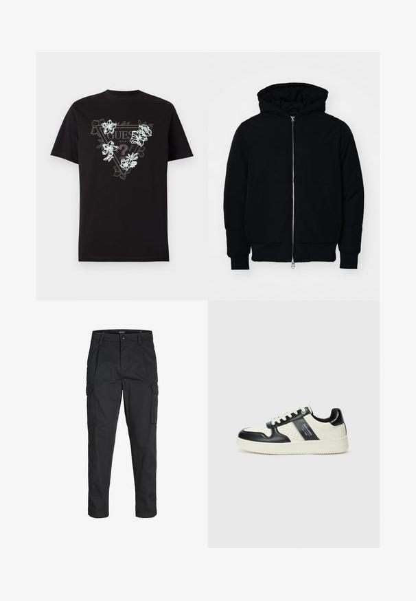 Črna kapuca jakna s sprednjim zadrgo, kenguru žepom, rebrastimi manšetami in hemom, razstavljena na enostavni beli ozadju.; Črna bombažna majica s kratkimi rokavi, ki ima trikotno logotip s cvetličnim dizajnom v svetlo modri in beli barvi. Standardna prileganje.; Črne cargo hlače iz trdnega blaga, ki imajo več žepov, gumbasto zapiranje in ozek kroj z zožanimi nogami.; Usnjeni športni čevlji z črno in krem barvno shemo, ki vključujejo perforirane dodatke, podložen ovratnik in strukturirano podplat.