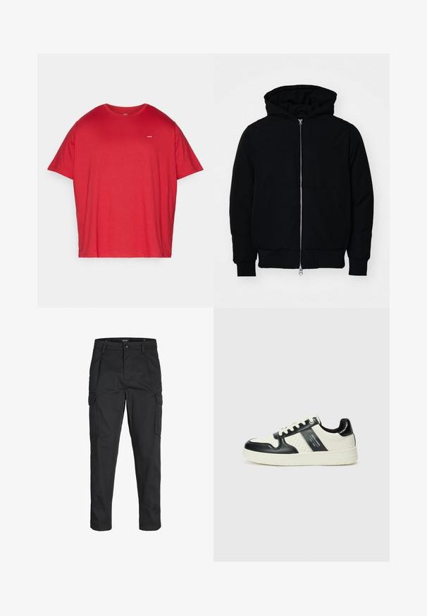 Black hooded jacket with front zipper, kangaroo pocket, ribbed cuffs, and hem, displayed on a plain white background.; Levi's® Plus Basic T-shirt - rhythmic red; Black cargo pants made of sturdy fabric, featuring multiple pockets, a button closure, and a slim fit design with tapered legs.; Leather sneakers with a black and cream color scheme, featuring perforated accents, a padded collar, and a textured outsole.