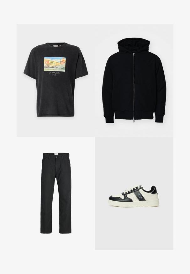 Černá kapucňová bunda s předním zipem, klokaní kapsou, vroubkovanými manžetami a spodním lemem, vystavená na čistém bílém pozadí.; Černé tričko s krátkým rukávem vyrobené z bavlny, s barevným grafickým potiskem zobrazujícím myčku aut a textem "SAN BERNARDINO, CALIF."; Černé kalhoty vyrobené z odolné tkaniny, s rovnými nohavicemi, šitými akcenty a dvěma předními kapsami pro praktičnost.; Kožené tenisky s černobílou barevnou kombinací, které mají perforované detaily, polstrovaný límec a texturovanou podrážku.