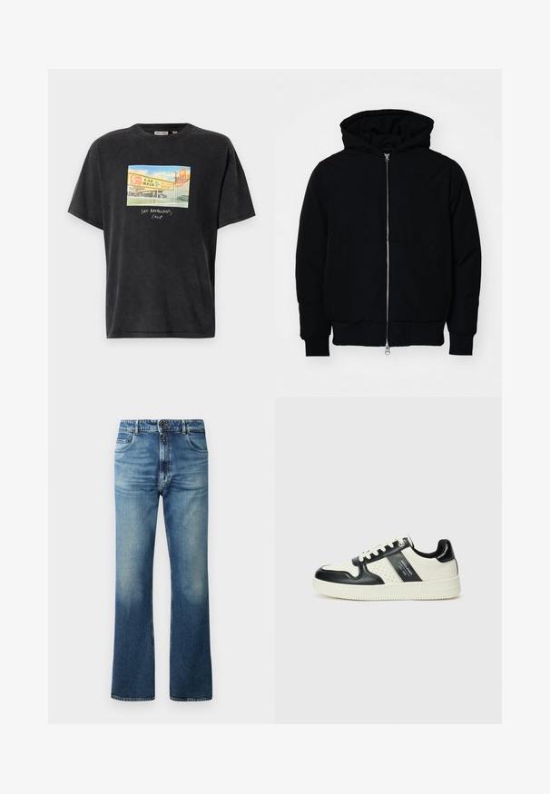 Mustaga kapuutsiga jakk, millel on esineed, kenguru tasku, soonikkoes, ja alläär, esitatud lihtsal valgel taustal.; Must have lühikeste varrukatega must T-särk, mis on valmistatud puuvillast, ja millel on värvikas graafiline print, mis kujutab auto pesu koos tekstiga "SAN BERNARDINO, CALIF."; Sinine teksapüksid, millel on laienev säärte disain, heledaks pestud viimistlus, viis taskut ja nööpidega kinnitamine.; Nahatud nahkkingad musta ja kreemi värviskeemiga, millel on perforeeritud aktsendid, pehme krae ja tekstureeritud tallad.