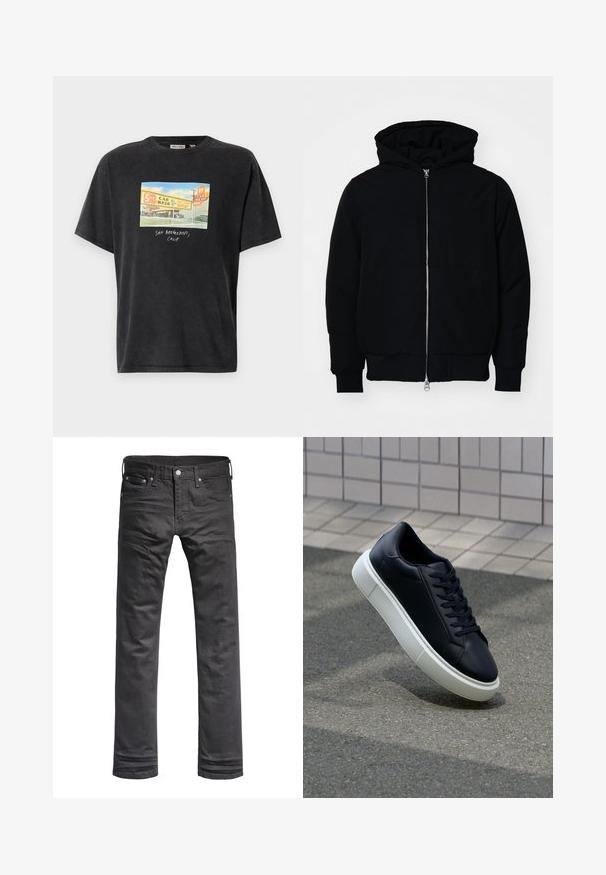 Svart hettejakke med frontglidelås, kengurulomme, ribbestrikket mansjetter og søm, vist på en ensfarget hvit bakgrunn.; Svart T-skjorte med kort erme laget av bomull, med et fargerikt grafisk trykk som viser en bilvask med teksten "SAN BERNARDINO, CALIF."; Svarte denimjeans med en klassisk design med rett ben. Har frontlommer, knappestolpe og subtile broderidetaljer.; Sorte skinnsneakers med rund tå og hvit gummisåle. Har flate lisser og minimal søm på overdelen. Strukturert såle for grep.