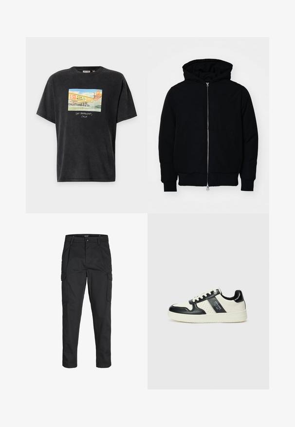 Black hooded jacket with front zipper, kangaroo pocket, ribbed cuffs, and hem, displayed on a plain white background.; Black short-sleeve T-shirt made of cotton, featuring a colorful graphic print depicting a car wash with text "SAN BERNARDINO, CALIF."; Black cargo pants made of sturdy fabric, featuring multiple pockets, a button closure, and a slim fit design with tapered legs.; Leather sneakers with a black and cream color scheme, featuring perforated accents, a padded collar, and a textured outsole.