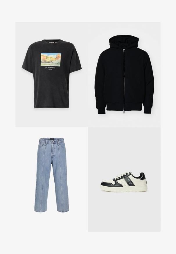 Schwarze Kapuzenjacke mit Frontreißverschluss, Kängurutasche, gerippten Bündchen und Saum, auf einem schlichten weißen Hintergrund präsentiert.; Schwarzes T-Shirt mit kurzen Ärmeln aus Baumwolle, das einen bunten Grafikdruck zeigt, der eine Autowäsche darstellt, mit dem Text "SAN BERNARDINO, CALIF."; Hellblaue Denim-Jeans mit lockerer Passform, weitem Bein und sichtbaren Stickdetails. Mit Knopf- und Reißverschluss, fünf Taschen.; Leder-Sneaker in Schwarz- und Cremetönen, mit perforierten Akzenten, einem gepolsterten Kragen und einer strukturierten Laufsohle.