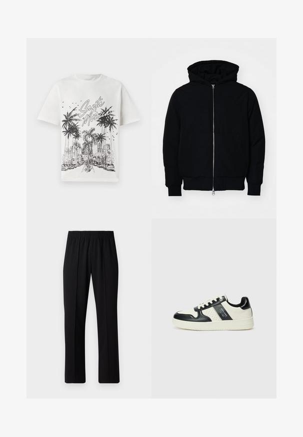 Sort hættejakke med frontlynlås, kængurulomme, ribbede manchetter og kant, præsenteret på en ensfarvet hvid baggrund.; Hvid bomulds t-shirt med et sort grafisk tryk af palmer og byens skyline, mærket "Santa Monica." Korte ærmer, rund hals.; Sorte bukser med elastisk talje og lige ben, der har en glat tekstur og ingen synlige mønstre eller hardware.; Lædersneakers i sort og creme farveskema, med perforerede detaljer, en polstret krave og en struktureret ydersål.