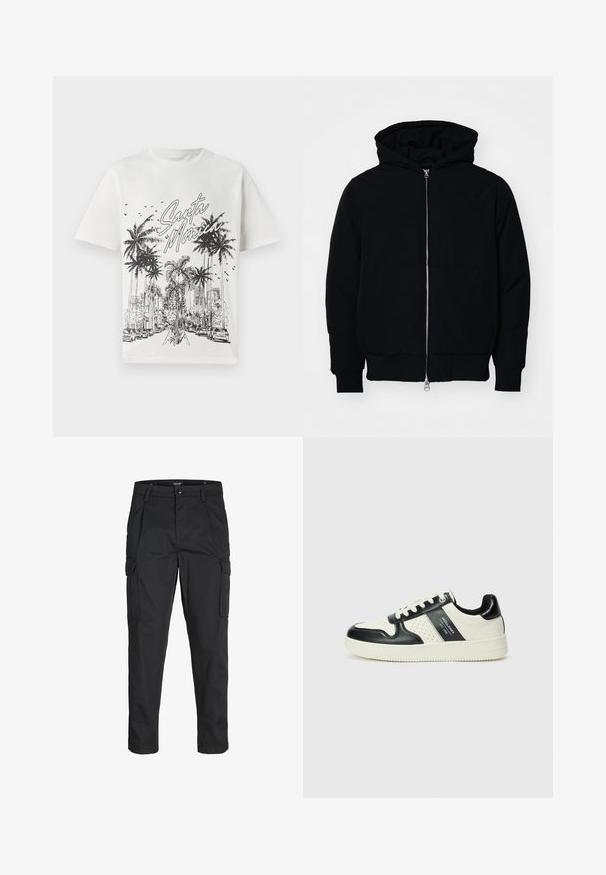 Black hooded jacket with front zipper, kangaroo pocket, ribbed cuffs, and hem, displayed on a plain white background.; White cotton t-shirt featuring a black graphic print of palm trees and city skyline labeled "Santa Monica." Short sleeves, crew neck.; Black cargo pants made of sturdy fabric, featuring multiple pockets, a button closure, and a slim fit design with tapered legs.; Leather sneakers with a black and cream color scheme, featuring perforated accents, a padded collar, and a textured outsole.