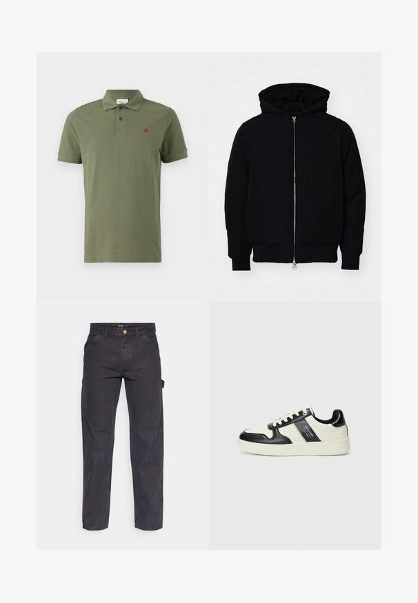 Černá kapucňová bunda s předním zipem, klokaní kapsou, vroubkovanými manžetami a spodním lemem, vystavená na čistém bílém pozadí.; Olivově zelená polo košile z bavlny, s dvouknoflíkovou légou, krátkými rukávy a malým červeným logem na levé straně hrudi.; Tmavě šedé cargo kalhoty vyrobené z odolné látky, s rovnými nohavicemi, pěti kapsami a knoflíkovým zapínáním v pase.; Kožené tenisky s černobílou barevnou kombinací, které mají perforované detaily, polstrovaný límec a texturovanou podrážku.