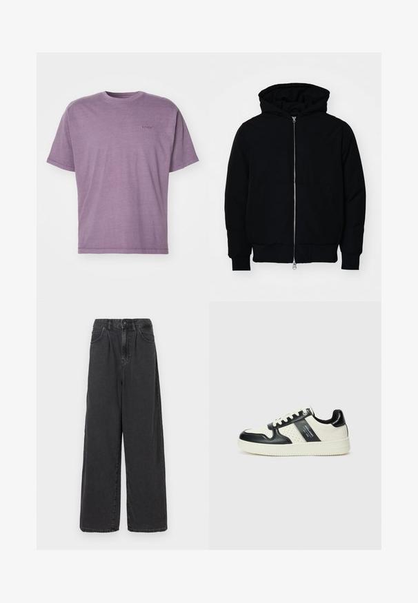 Črna kapuca jakna s sprednjim zadrgo, kenguru žepom, rebrastimi manšetami in hemom, razstavljena na enostavni beli ozadju.; Vijolična bombažna majica s kratkimi rokavi, okroglim izrezom in minimalnim Levisovim logotipom v toniranem vezenju na prsih. Mehak material.; Široke hlače iz črnega denima z visokim pasom, z zapiranjem na gumb in zadrgo spredaj, ki imajo stranske žepe in gladko teksturo.; Usnjeni športni čevlji z črno in krem barvno shemo, ki vključujejo perforirane dodatke, podložen ovratnik in strukturirano podplat.