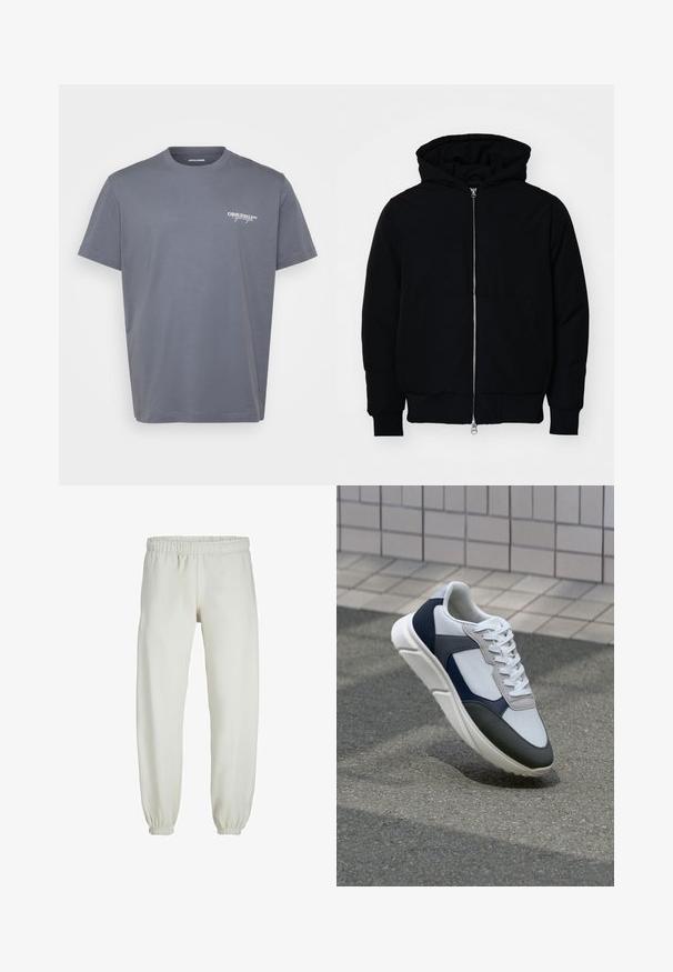 Fekete kapucnis dzseki elülső cipzárral, kenguruzsebbel, bordázott mandzsettákkal és aba, egy sima fehér háttér előtt.; Szürke pamut póló rövid ujjakkal, kerek nyakkal és egy kis fehér "ORIGINALS" logóval a bal mellen. Sima textúra, klasszikus szabás.; Fehér melegítőnadrág, puha anyagból készült, rugalmas derékrésszel és mandzsettával, sima tapintású és laza szabású.; Fehér, tengerészkék és szürke sneaker vegyes anyagokból készült dizájnnal, amely textúrázott felsőrésszel, lapos fűzőkkel és párnázott talppal rendelkezik.
