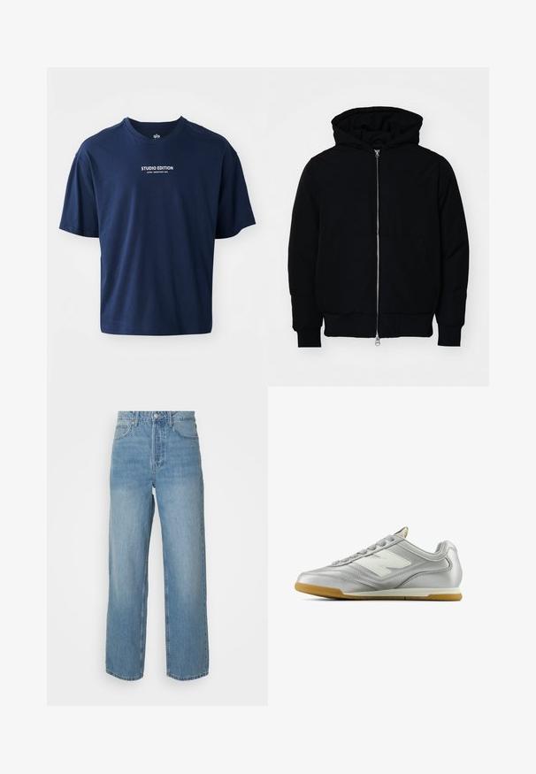 Svart hettejakke med frontglidelås, kengurulomme, ribbestrikket mansjetter og søm, vist på en ensfarget hvit bakgrunn.; Mørkeblå t-skjorte med korte ermer laget av bomull, med rund hals og hvit tekst som sier "STUDIO EDITION" på forsiden.; Høytlivs lys blå denimjeans med rette ben, front lukking med knapp, og fem lommer på ensfarget bakgrunn.; Sølv idrettssko med en glatt, blank overflate, hvit logo på siden, teksturerte grå snører, og såle av gummigummi.