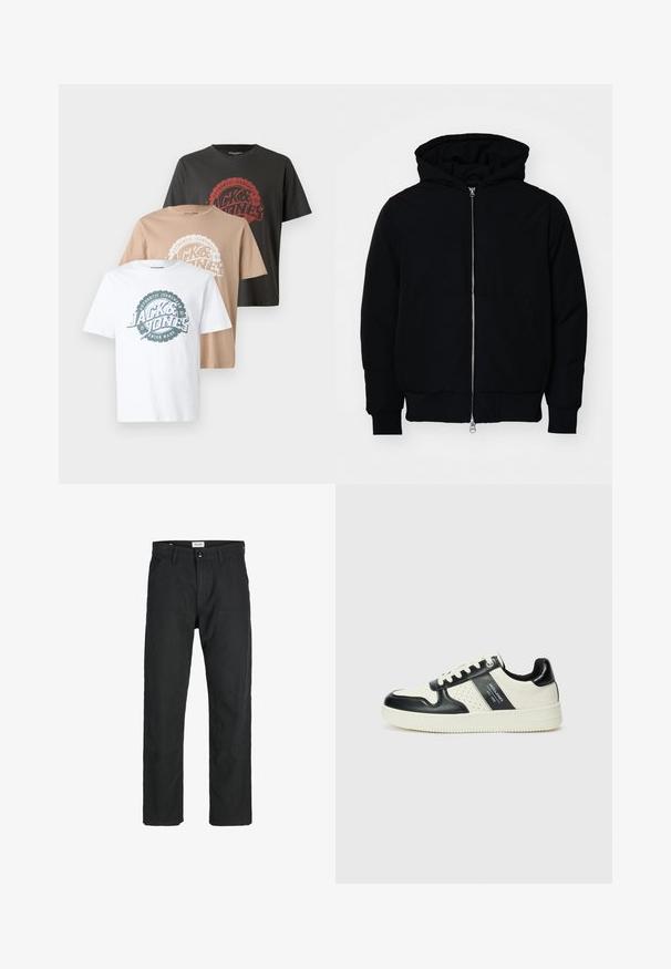 Crna kapuška jakna s prednjim zatvaračem, kenguru džepom, rebrastim manžetama i rubom, prikazana na običnoj bijeloj pozadini.; Tri majice: jedna bijela, jedna bež, jedna tamnosiva. Svaka ima okrugli dizajn logotipa s natpisom u kontrastnim bojama i okrugli izrez.; Crne hlače od izdržljivog materijala, s ravnim krojem, šivenim detaljima i dva prednja džepa za funkcionalnost.; Kožne tenisice s crno-bijelom paletom boja, koje imaju perforirane akcentne detalje, podstavljeni ovratnik i teksturiranu potplat.