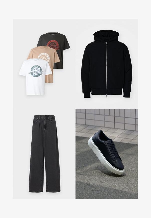 Fekete kapucnis dzseki elülső cipzárral, kenguruzsebbel, bordázott mandzsettákkal és aba, egy sima fehér háttér előtt.; Három póló: egy fehér, egy bézs és egy sötétszürke. Mindegyiken kör alakú logóterv található, eltérő színű szöveggel, és kerek nyakú fazonban készült.; Széles szárú, magas derekú fekete farmernadrág, elülső gombbal és cipzárral, oldalsó zsebekkel és sima felülettel.; Fekete bőr sportcipő lekerekített orral és fehér gumitalppal. Lapos fűzőkkel és minimális varrásokkal rendelkezik a felsőrészén. Mintás talp a tapadásért.