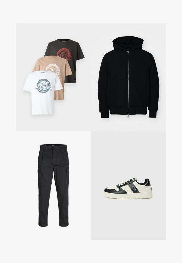 Black hooded jacket with front zipper, kangaroo pocket, ribbed cuffs, and hem, displayed on a plain white background.; Three T-shirts: one white, one beige, one dark gray. Each features a circular logo design with text in contrasting colors and a crew neckline.; Black cargo pants made of sturdy fabric, featuring multiple pockets, a button closure, and a slim fit design with tapered legs.; Leather sneakers with a black and cream color scheme, featuring perforated accents, a padded collar, and a textured outsole.