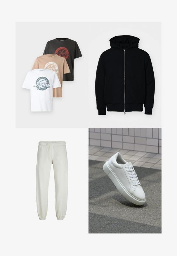Jachetă neagră cu glugă, cu fermoar în față, buzunar tip kangaroo, mansete și tiv ribbed, prezentată pe un fundal alb simplu.; Trei tricouri: unul alb, unul bej, unul gri închis. Fiecare are un logo circular cu un design și text în culori contrastante, cu guler rotund.; Pantaloni de trening albi, realizati dintr-un textile moale, avand talie elastica si mansete, cu o textura fina si un design lejer.; Sneaker alb din piele cu o suprafață netedă, vârf rotund și șireturi plate albe. Dispune de o talpă din cauciuc texturată și elemente de design minimale.