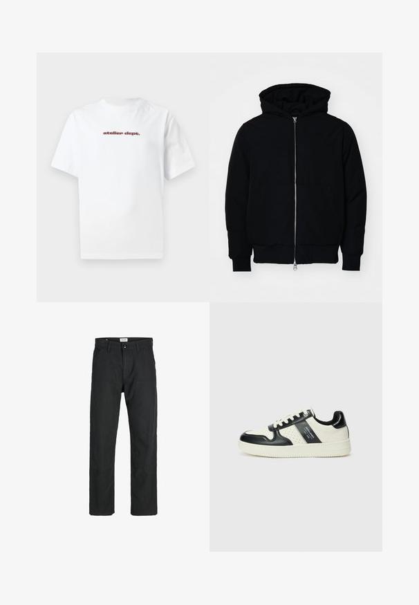 Crna kapuška jakna s prednjim zatvaračem, kenguru džepom, rebrastim manžetama i rubom, prikazana na običnoj bijeloj pozadini.; Bijela pamučna majica kratkih rukava s okruglim izrezom, s crvenim natpisom "atelier dept." ispisanim na prednjem dijelu. Jednostavan dizajn.; Crne hlače od izdržljivog materijala, s ravnim krojem, šivenim detaljima i dva prednja džepa za funkcionalnost.; Kožne tenisice s crno-bijelom paletom boja, koje imaju perforirane akcentne detalje, podstavljeni ovratnik i teksturiranu potplat.