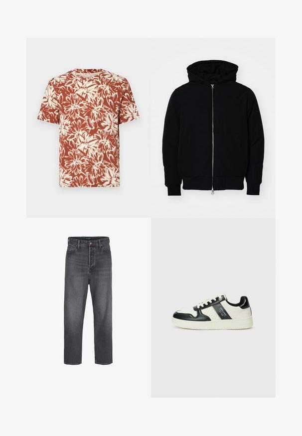 Čierna kapucňová bunda s predným zipsom, klokaními vreckami, rebrovanými manžetami a lemom, zobrazená na bielom pozadí.; Tričko s krátkym rukávom v hrdzavej farbe s kvetinovou potlačou v krémovej farbe, so zaobleným výstrihom a voľným strihom. Vyrobené z ľahkej tkaniny.; Tmavošedé denimové nohavice s rovnými nohavicami, vysokým pásom, piatimi vreckami a svetlým vyblednutím. Zapínanie na kovový gombík a zips.; Kožené tenisky v čierno-krémovej farbe, s perforovanými akcentmi, polstrovaným golierom a štruktúrovanou podrážkou.