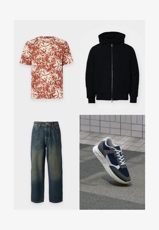 Black hooded jacket with front zipper, kangaroo pocket, ribbed cuffs, and hem, displayed on a plain white background.; Short-sleeved t-shirt in rust with a floral print in cream, featuring a round neckline and relaxed fit. Made from lightweight fabric.; Blue denim jeans with a straight cut, featuring a faded design with lighter shades towards the hem, five pockets, and a button closure.; Sneaker featuring a navy blue mesh upper, gray suede accents, white rubber sole, and flat white laces, designed for comfort and breathability.