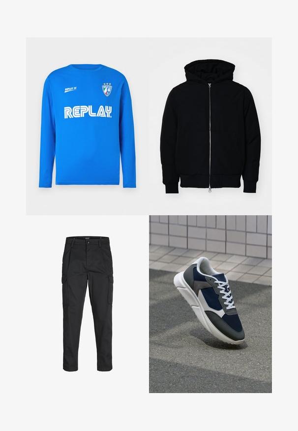 Black hooded jacket with front zipper, kangaroo pocket, ribbed cuffs, and hem, displayed on a plain white background.; Long-sleeve blue t-shirt made of cotton with a crew neck, featuring white "REPLAY" logo and "REPLAY FC" text, and a shield logo with three stars.; Black cargo pants made of sturdy fabric, featuring multiple pockets, a button closure, and a slim fit design with tapered legs.; Sneaker featuring a navy blue mesh upper, gray suede accents, white rubber sole, and flat white laces, designed for comfort and breathability.