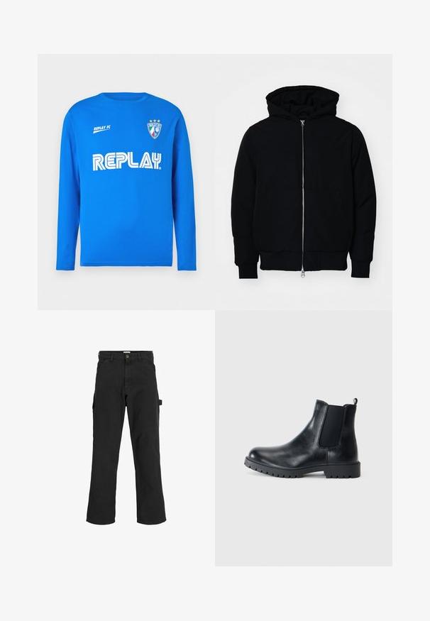 Fekete kapucnis dzseki elülső cipzárral, kenguruzsebbel, bordázott mandzsettákkal és aba, egy sima fehér háttér előtt.; Hosszú ujjú kék póló, pamutból készült, kerek nyakkivágással, fehér "REPLAY" logóval és "REPLAY FC" felirattal, valamint egy pajzs logóval, amely három csillagot tartalmaz.; Fekete cargo nadrág pamut keverékből készült. Széles lábakkal, elöl ferdén zsebekkel és egy oldalsó zsebbel rendelkezik, amelyen egy hurok található kiegészítők számára.; Fekete bőr Chelsea csizma, elasztikus oldalsó panelekkel, kerek orral és gumitalppal. Minimalista dizájn, húzófüllel.