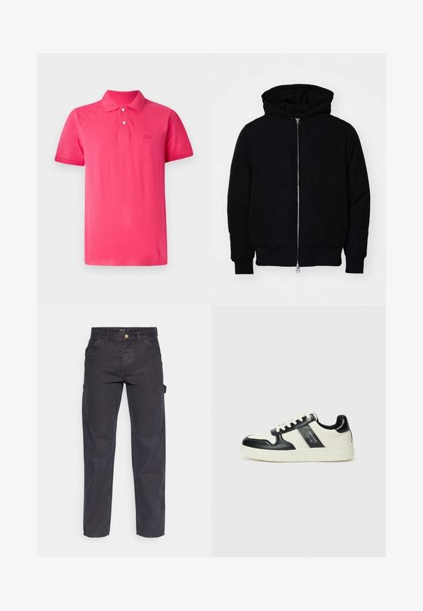Zwarte hoodie met rits aan de voorkant, kangoeroe-pocket, geribbelde manchetten en zoom, weergegeven op een effen witte achtergrond.; Heldere roze polo gemaakt van katoen, met een klassieke kraag, een drie-knopen sluiting en het 'GAP' logo geborduurd op de borst.; Donkergrijze cargobroek van duurzaam materiaal, met een rechte pijp, vijf zakken en een knoopsluiting in de taille.; Leren sneakers met een zwart en crèmekleurig kleurenschema, voorzien van geperforeerde accenten, een gevoerde kraag en een gestructureerde buitenzool.