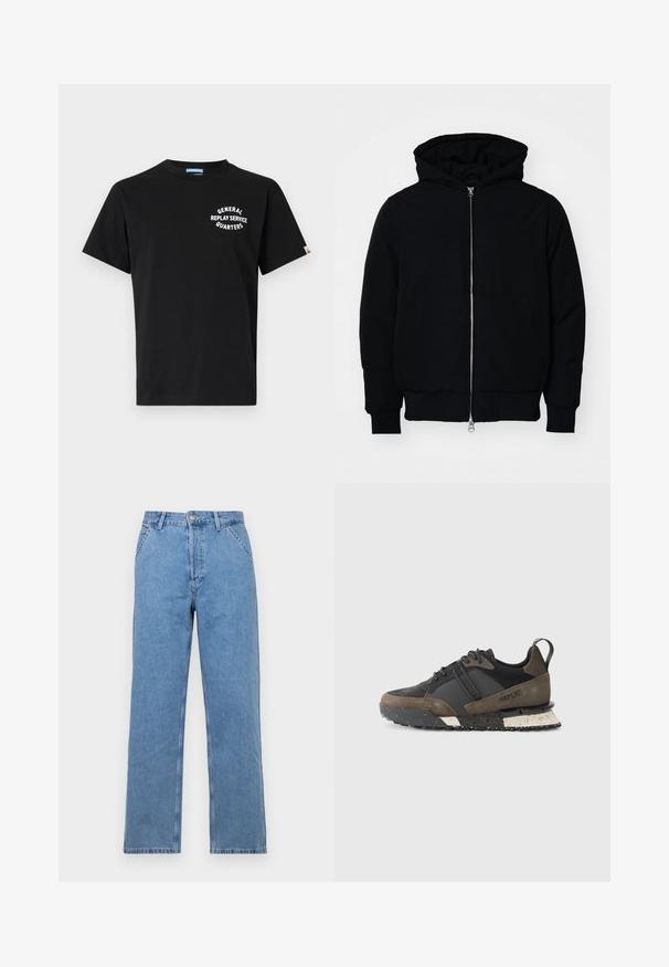 Sort hættejakke med frontlynlås, kængurulomme, ribbede manchetter og kant, præsenteret på en ensfarvet hvid baggrund.; Sorte bomulds t-shirt med korte ærmer og rund halsudskæring. Har hvid tekst "GENERAL REPLAY SERVICE QUARTERS" på brystet.; Lysblå denim straight-leg jeans med et klassisk femlomme-design, der har frontknaplukning og bæltestropper. Glat tekstur.; Replay FIELD JUPITER CRAFT - Sneakers - black/dark grey