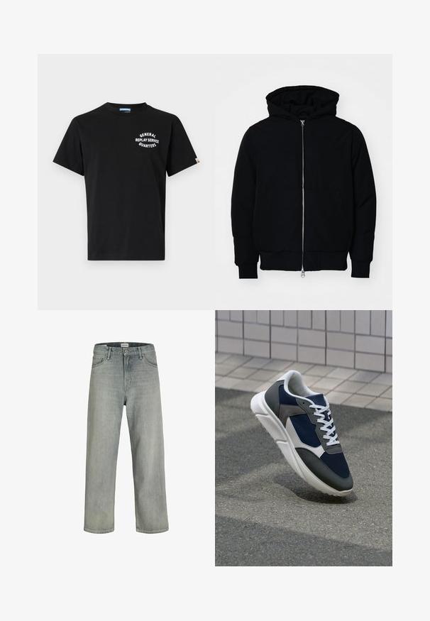 Sort hættejakke med frontlynlås, kængurulomme, ribbede manchetter og kant, præsenteret på en ensfarvet hvid baggrund.; Sorte bomulds t-shirt med korte ærmer og rund halsudskæring. Har hvid tekst "GENERAL REPLAY SERVICE QUARTERS" på brystet.; Lysegrå, løstsiddende jeans lavet af denim. Har et klassisk fem-lomme design, bæltestropper og en lige ben silhuet.; Sneakers med en overdel i marineblå mesh, grå suedeteksturer, hvid gummisål og flade hvide snørebånd, designet til komfort og åndbarhed.