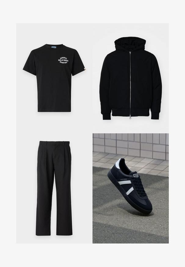 Juodas gobtuvėlis su priekiniu užtrauktuku, kengūros tipo kišene, lygiais rankogaliais ir apvadu, pateiktas ant vientiso balto fono.; Juodas medvilnės marškinėliai trumpomis rankovėmis ir apvaliu iškirpimu. Yra baltas užrašas "GENERAL REPLAY SERVICE QUARTERS" krūtinėje.; Jack & Jones JPSTBILL JJDAYTONA WIDE - Kelnės - black; Juodas odinis sportinis batelis su baltais dryžiais, tekstūruota gumine padais ir raišteliais priekyje. Yra prekės ženklą žymintis etiketė ant liežuvio.