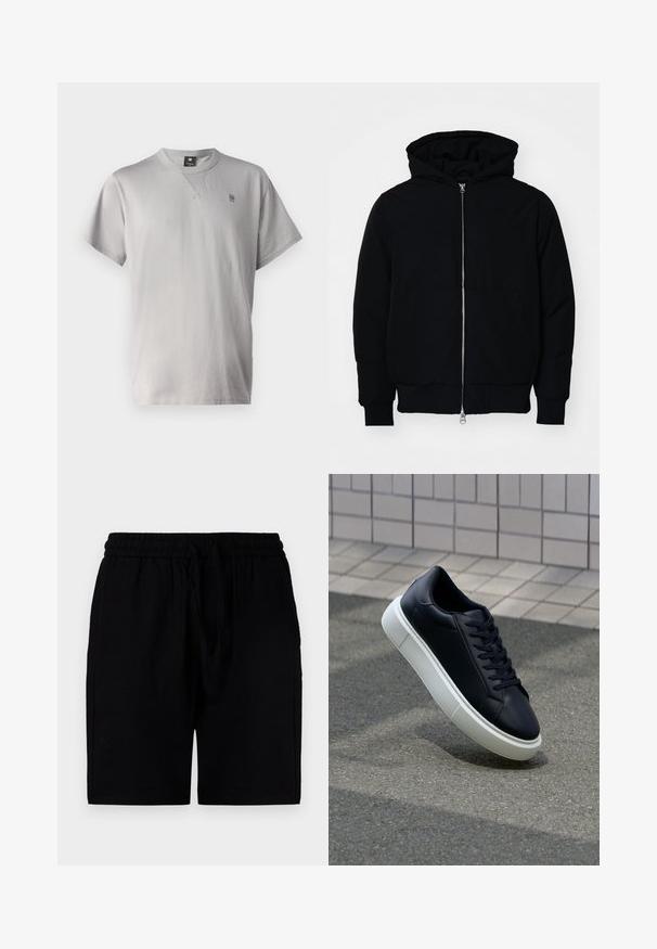 Jachetă neagră cu glugă, cu fermoar în față, buzunar tip kangaroo, mansete și tiv ribbed, prezentată pe un fundal alb simplu.; G-STAR NIFOUS - Tricou basic - sharkskin; Șorturi negre dintr-un material ușor, cu un talie elastică prevăzută cu șnur, buzunare laterale și o croială lejeră.; Tenis cu piele neagră, cu vârful rotund și talpă din cauciuc alb. Are șireturi plate și cusături minime pe suprafață. Tălpile texturate oferă aderență.