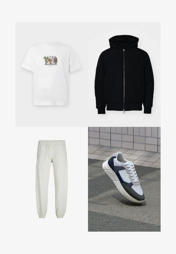Melna kapucēta jaka ar priekšējo rāvējslēdzēju, kenguru kabatu, ribinātām aprocēm un apakšmalu, parādīta uz vienkārša balta fona.; Balta T-kreklu ar piecu dažādu vīriešu ilustrāciju uz tā, kas pārliecinoši soļo blakus cits citam, turēdami rokā portfolio un telefonus.; Baltas treniņbikses, izgatavotas no mīkstas auduma, ar elastīgu jostu un piedurknēm, gluda tekstūra un brīva piegriezuma dizains.; Balti, tumši zili un pelēki sporta apavi ar jauktu materiālu dizainu, kuram ir teksturēts augšdaļa, plakani šņores un mīkstināta zole.