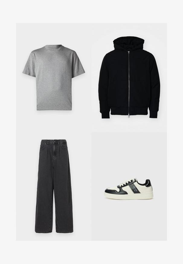 Black hooded jacket with front zipper, kangaroo pocket, ribbed cuffs, and hem, displayed on a plain white background.; GAP ORIGINAL - Print T-shirt - grey heather; Wide-leg, high-waisted black denim pants with a front button and zipper closure, featuring side pockets and a smooth texture.; Leather sneakers with a black and cream color scheme, featuring perforated accents, a padded collar, and a textured outsole.
