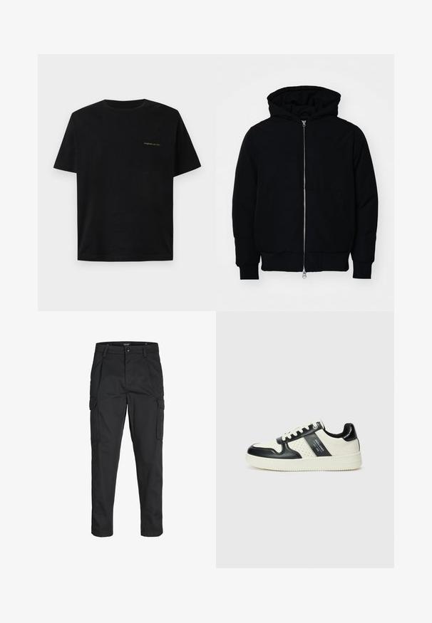Chaqueta negra con capucha, cierre frontal, bolsillo tipo canguro, y puños y dobladillo acanalados, exhibida sobre un fondo blanco liso.; Camiseta de algodón negra, de manga corta, con cuello redondo, que presenta un pequeño texto verde en el área izquierda del pecho, de textura suave.; Pantalones cargo negros hechos de tela resistente, que cuentan con múltiples bolsillos, un cierre de botón y un diseño de corte slim con piernas ajustadas.; Zapatillas de cuero con un esquema de colores negro y crema, que cuentan con acentos perforados, un collar acolchado y una suela texturizada.