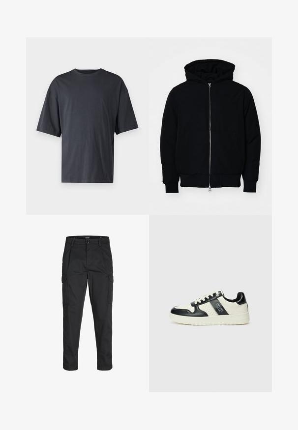 Mustat huppu-untuvatakki, jossa on vetoketju edessä, kenguru-tasku, ribatut hihansuut ja helma, esillä yksinkertaisella valkoisella taustalla.; T-paita, jossa on lyhyet hihat, tummanharmaa ja valmistettu kevyestä puuvillasta. Mallissa on avara istuvuus ja klassinen pyöreä kaula-aukko, ja se on yksinkertainen ilman kuvioita.; Mustat cargo-housut, jotka on valmistettu kestävästä kankaasta. Housuissa on useita taskuja, nappisulku ja kapea istuvuus, jossa on kapenevat lahkeet.; Nahkakengät musta-kerma värimaailmassa, joissa on rei'itetyt yksityiskohdat, pehmustettu nilkkaosa ja teksturoitu pohja.