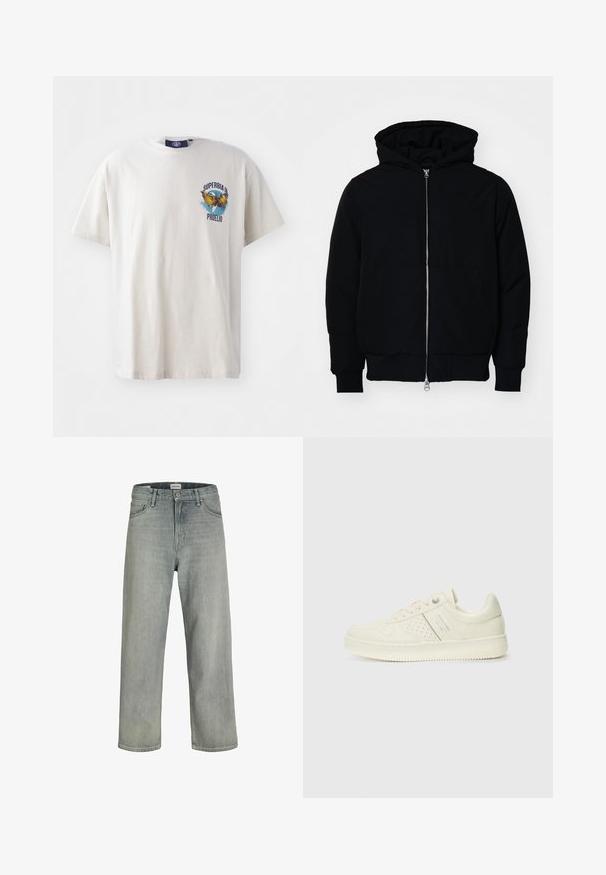 Chaqueta negra con capucha, cierre frontal, bolsillo tipo canguro, y puños y dobladillo acanalados, exhibida sobre un fondo blanco liso.; Camiseta de algodón crema con mangas cortas, que presenta un gráfico colorido de un águila y el texto "SUPERBIA IN PROELIO" en el lado izquierdo del pecho.; Vaqueros de mezclilla de un gris claro y corte holgado. Presentan un diseño clásico de cinco bolsillos, pasadores de cinturón y una silueta de pierna recta.; Zapatilla color crema con detalles perforados, cordones y logotipo en el lateral, exhibida sobre un fondo blanco liso.