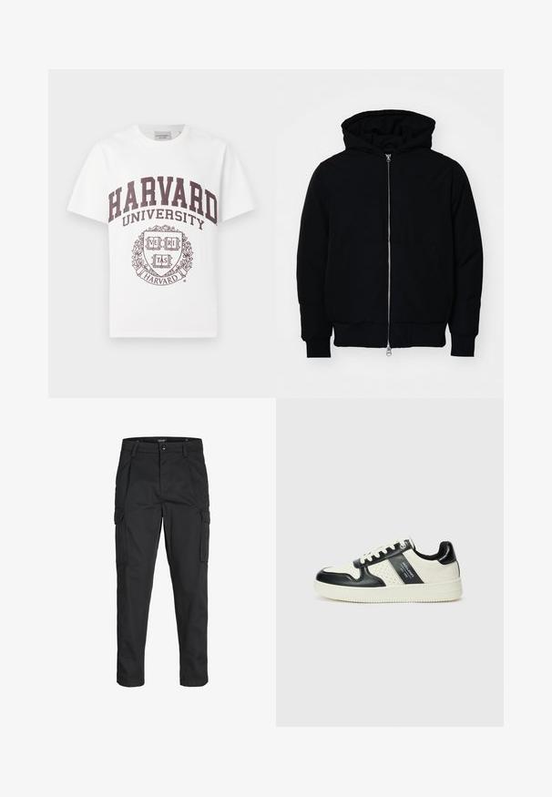 Schwarze Kapuzenjacke mit Frontreißverschluss, Kängurutasche, gerippten Bündchen und Saum, auf einem schlichten weißen Hintergrund präsentiert.; Weißes Baumwoll-T-Shirt mit maroonfarbenem Text "HARVARD UNIVERSITY" und einem zentralen Emblem mit dem Wort "VERITAS" in einem Schild-Design.; Schwarze Cargo-Hose aus robustem Material, mit mehreren Taschen, einem Knopfverschluss und einem Slim-Fit-Design mit schmal zulaufenden Beinen.; Leder-Sneaker in Schwarz- und Cremetönen, mit perforierten Akzenten, einem gepolsterten Kragen und einer strukturierten Laufsohle.