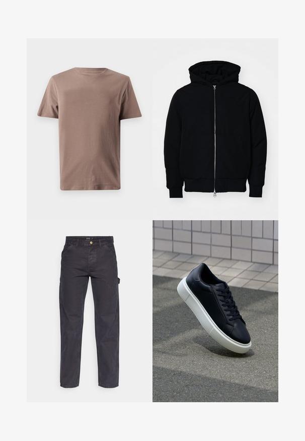 Črna kapuca jakna s sprednjim zadrgo, kenguru žepom, rebrastimi manšetami in hemom, razstavljena na enostavni beli ozadju.; GAP EVERYDAY CREW SOLID - Navadna majica - plymouth rock; Temno sivi cargo hlače iz trpežnega materiala, z ravnim krojem nogavic, petimi žepi in gumbom za zapiranje v pasu.; Črne usnjene superge z zaobljenim prstom in belim gumijastim podplat. Imajo ravne vezalke in minimalno šivanje na zgornjem delu. Teksturirani podplat za oprijem.