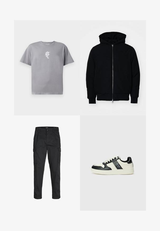 Svart huoodiejacka med framdragkedja, känguruficka, ribbade ärmslut och nederkant, uppställd mot en vit bakgrund.; Grå bomullströja med en vit drake-grafik på vänster bröst, korta ärmar och en avslappnad passform med rund halsringning.; Svarta cargobyxor tillverkade av hållbart tyg, med flera fickor, knappstängning och en smal passform med avsmalnande ben.; Läder sneakers med en svart och krämfärgad färgsättning, med perforerade detaljer, en vadderad krage och en strukturerad yttersula.