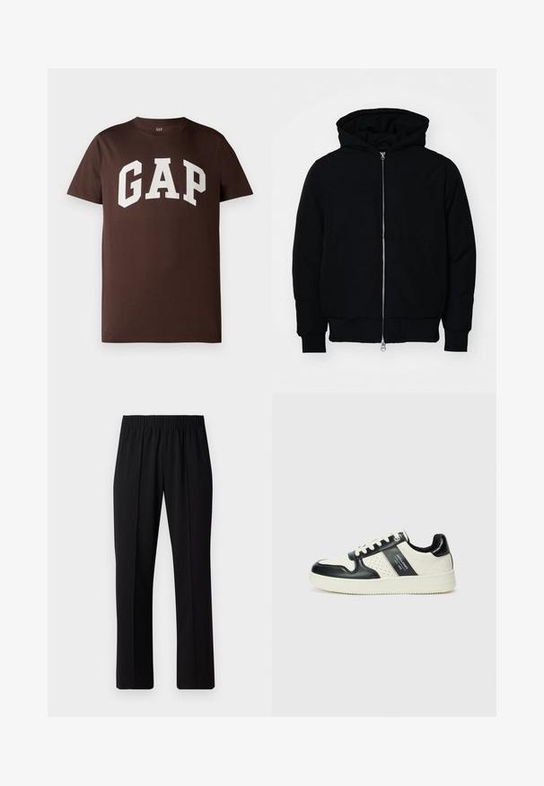 Sort hættejakke med frontlynlås, kængurulomme, ribbede manchetter og kant, præsenteret på en ensfarvet hvid baggrund.; Brun bomulds T-shirt med et hvidt "GAP" logo i en fed, kollegial skrifttype. Korte ærmer og en rund halsudskæring. Glat tekstur.; Sorte bukser med elastisk talje og lige ben, der har en glat tekstur og ingen synlige mønstre eller hardware.; Lædersneakers i sort og creme farveskema, med perforerede detaljer, en polstret krave og en struktureret ydersål.