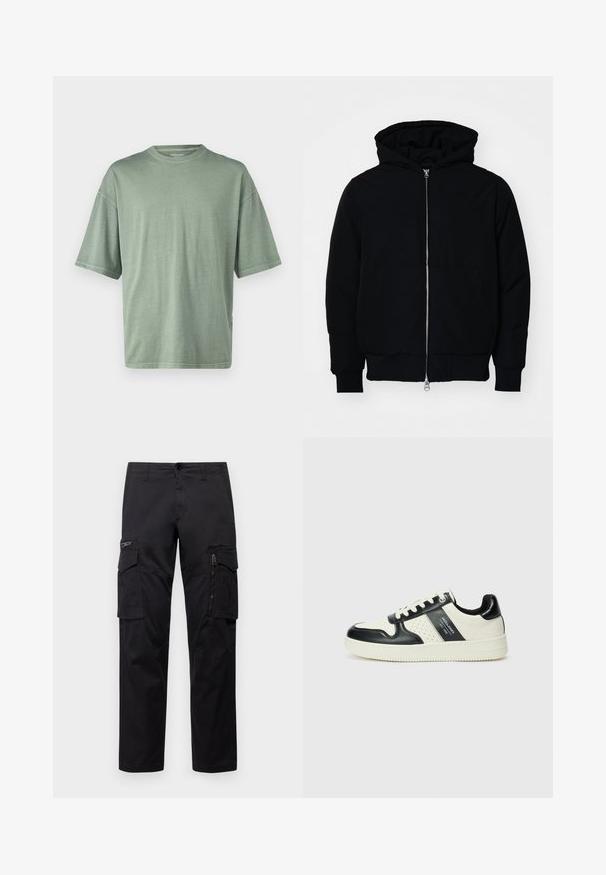 Chaqueta negra con capucha, cierre frontal, bolsillo tipo canguro, y puños y dobladillo acanalados, exhibida sobre un fondo blanco liso.; Camiseta de manga corta verde claro con cuello redondo y corte relajado; hecha de un material suave con una textura lisa.; Pantalones cargo negros con múltiples bolsillos, un bolsillo con cremallera en el muslo, corte recto y tejido de algodón resistente con un ligero brillo.; Zapatillas de cuero con un esquema de colores negro y crema, que cuentan con acentos perforados, un collar acolchado y una suela texturizada.