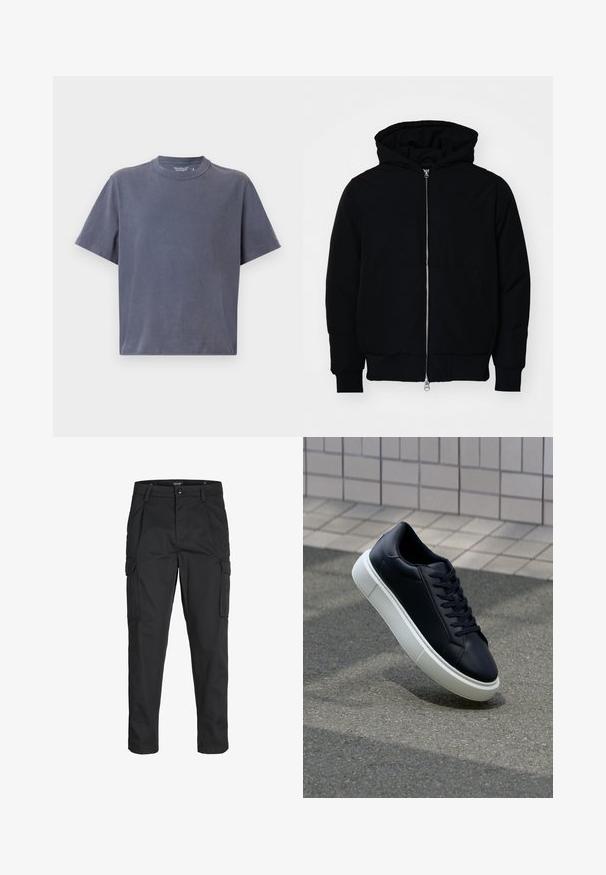 Black hooded jacket with front zipper, kangaroo pocket, ribbed cuffs, and hem, displayed on a plain white background.; Dark gray, short-sleeve t-shirt made of soft cotton with a classic crew neck design and a relaxed fit. Smooth texture without patterns.; Black cargo pants made of sturdy fabric, featuring multiple pockets, a button closure, and a slim fit design with tapered legs.; Black leather sneaker with rounded toe and white rubber sole. Features flat laces and minimal stitching on the upper. Textured sole for grip.