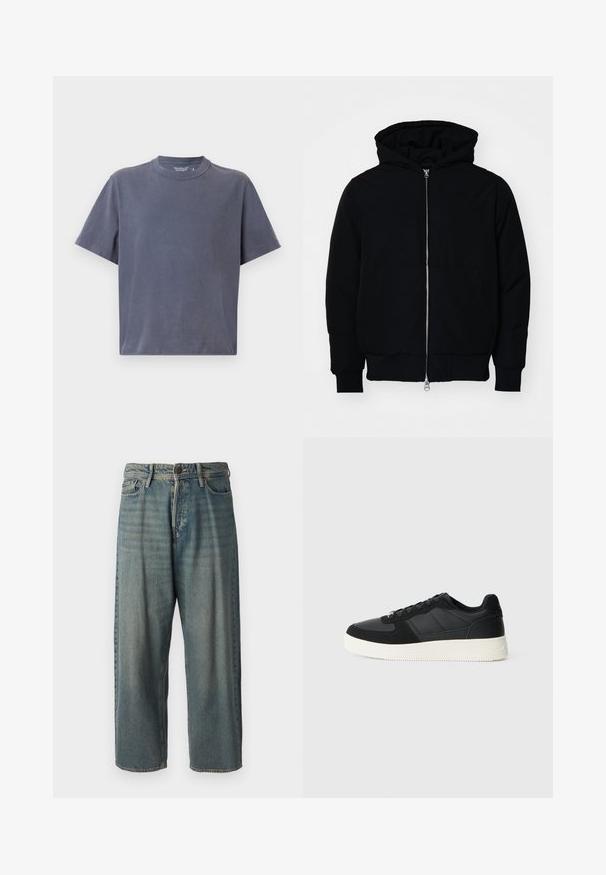 Sort hættejakke med frontlynlås, kængurulomme, ribbede manchetter og kant, præsenteret på en ensfarvet hvid baggrund.; Mørkegrå, kortærmet t-shirt lavet af blød bomuld med et klassisk crew neck-design og en afslappet pasform. Glat tekstur uden mønstre.; Lyseblå denim jeans med løs pasform, mellemhøj talje og lige ben. Har fem lommer, bæltestropper og en knappelukning.; Sort lavt-top sneakers med tekstureret læder og ruskindspaneler, hvidgummi sål og sorte snørebånd på en ensfarvet lys baggrund.