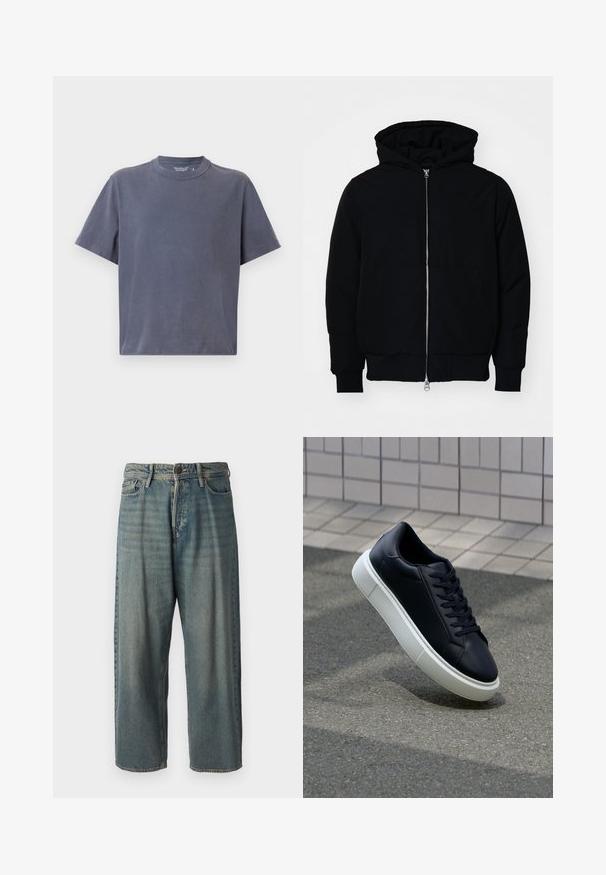 Czarna kurtka z kapturem, z suwakiem z przodu, kieszenią kangurką, ściągaczami przy mankietach i dolnym brzegu, prezentowana na jednolitym białym tle.; Czarnoszary, krótki T-shirt z miękkiej bawełny o klasycznym okrągłym dekolcie i luźnym kroju. Gładka tekstura bez wzorów.; Jasnoniebieskie dżinsy o luźnym kroju, średnim stanie i prostych nogawkach. Posiadają pięć kieszeni, szlufki na pasek oraz zapięcie na guzik.; Czarne skórzane sneakersy z okrągłym noskiem i białą gumową podeszwą. Posiadają płaskie sznurowadła i minimalne przeszycia na cholewce. Teksturowana podeszwa zapewnia przyczepność.