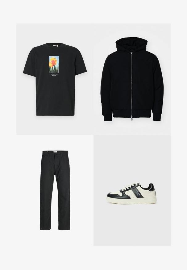 Melna kapucēta jaka ar priekšējo rāvējslēdzēju, kenguru kabatu, ribinātām aprocēm un apakšmalu, parādīta uz vienkārša balta fona.; Melnā kokvilnas T-kreklā centrā ir ziedu grafika ar oranžiem ziediem un zaļiem kātiem, kuru papildina teksts baltā un zilā krāsā.; Melnas bikses no izturīga auduma, ar taisna griezuma dizainu, izšūtām akcentiem un divām priekšējām kabatām funkcionālitātei.; Ādas sporta apavi ar melnbaltu krāsu shēmu, ar perforētiem akcentiem, mīkstinātu apkakli un teksturētu zoli.