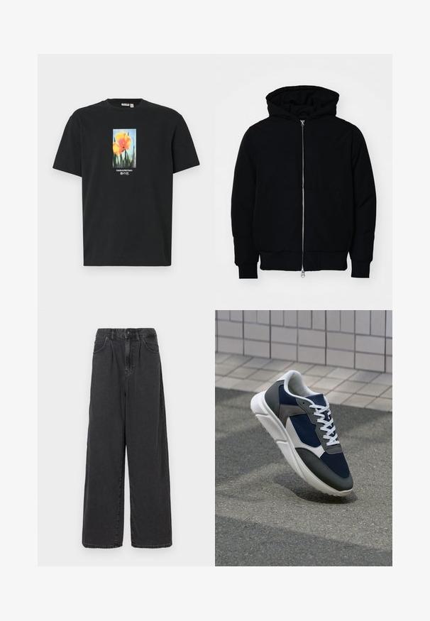 Schwarze Kapuzenjacke mit Frontreißverschluss, Kängurutasche, gerippten Bündchen und Saum, auf einem schlichten weißen Hintergrund präsentiert.; Schwarz Baumwoll-T-Shirt mit einem zentralen floralen Grafik de orangefarbener Blumen mit grünen Stängeln, akzentuiert mit Text in Weiß und Blau.; Weite, hoch geschnittene schwarze Jeanshose mit einem Frontknopf und Reißverschluss, ausgestattet mit seitlichen Taschen und einer glatten Textur.; Sneaker mit einem Obermaterial aus navyblauem Mesh, grauen Wildlederelementen, einer weißen Gummisohle und flachen weißen Schnürsenkeln, entworfen für Komfort und Atmungsaktivität.