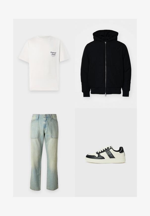 Černá kapucňová bunda s předním zipem, klokaní kapsou, vroubkovanými manžetami a spodním lemem, vystavená na čistém bílém pozadí.; Bílý bavlněný tričko s krátkým rukávem, které má malé tmavě modré tištěné logo na levé části hrudi. Klasický design s kulatým výstřihem.; Světle modré džíny s rovnou nohavicí, viditelným švem a dvěma velkými předními kapsami. Tkanina má vybledlý povrch.; Kožené tenisky s černobílou barevnou kombinací, které mají perforované detaily, polstrovaný límec a texturovanou podrážku.