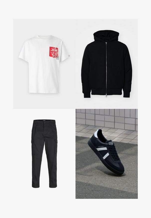 Chaqueta negra con capucha, cierre frontal, bolsillo tipo canguro, y puños y dobladillo acanalados, exhibida sobre un fondo blanco liso.; Camiseta de algodón blanca con un bolsillo rojo que presenta un diseño floral y texto. Manga corta, cuello redondo y corte relajado.; Pantalones cargo negros hechos de tela resistente, que cuentan con múltiples bolsillos, un cierre de botón y un diseño de corte slim con piernas ajustadas.; Zapatilla de cuero negra con rayas blancas, suela de goma texturizada y parte frontal con cordones. Cuenta con una etiqueta de marca en la lengüeta.