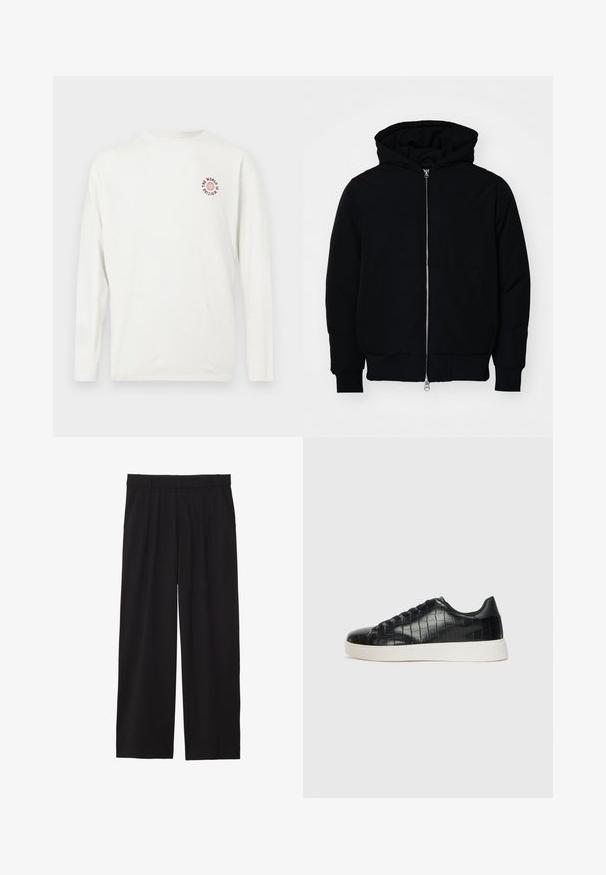 Svart hettejakke med frontglidelås, kengurulomme, ribbestrikket mansjetter og søm, vist på en ensfarget hvit bakgrunn.; Hvit langermet skjorte med liten rød globus-grafikk og svart tekst "VERDEN VENTER" på øvre venstre bryst.; Svarte vide bukser med plisserte detaljer foran, sidelommer, og en glatt tekstur. Designet for en avslappet passform.; Svarte joggesko med en teksturert krokodille-embossed læroverdel, rund tå og en kontrasterende hvit gummisåle med en glatt overflate.