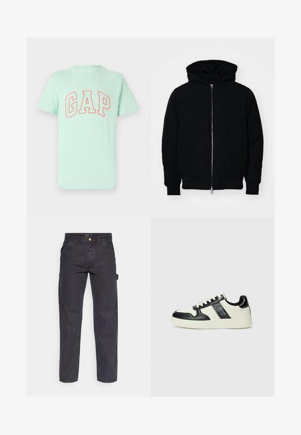 Black hooded jacket with front zipper, kangaroo pocket, ribbed cuffs, and hem, displayed on a plain white background.; Mint green short-sleeve t-shirt featuring bold red "GAP" logo in an arch design. Made from soft cotton fabric with a crew neckline.; Dark gray cargo pants made of durable fabric, featuring a straight-leg cut, five pockets, and a button closure at the waist.; Leather sneakers with a black and cream color scheme, featuring perforated accents, a padded collar, and a textured outsole.