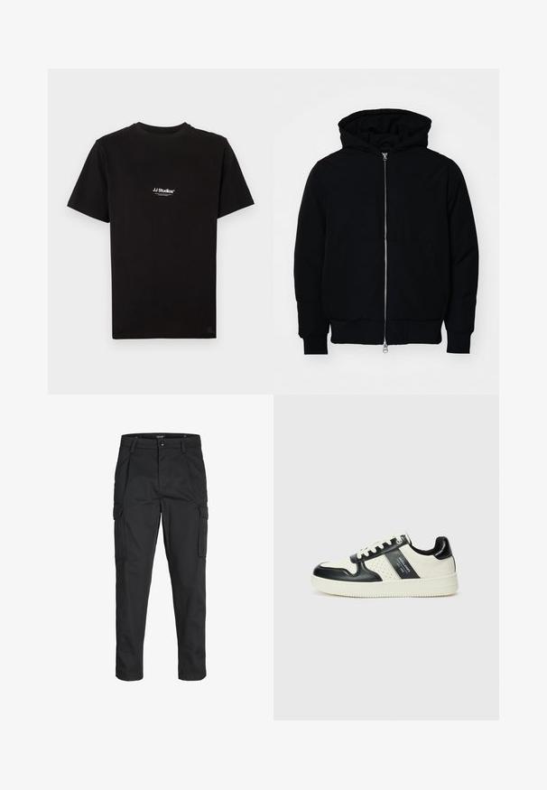 Fekete kapucnis dzseki elülső cipzárral, kenguruzsebbel, bordázott mandzsettákkal és aba, egy sima fehér háttér előtt.; Fekete, rövid ujjú pamut póló, bal mellrészen kis fehér "JJ Studios" logóval. Egyszerű, kerek nyakkivágású fazon.; Fekete cargo nadrág, amely tartós anyagból készült, több zsebet tartalmaz, gombos záródással rendelkezik, és karcsú szabású, szűkített lábakkal bír.; Fekete és krém színű bőrsneaker, perforált díszítésekkel, párnázott bokapánttal és texturált talppal.