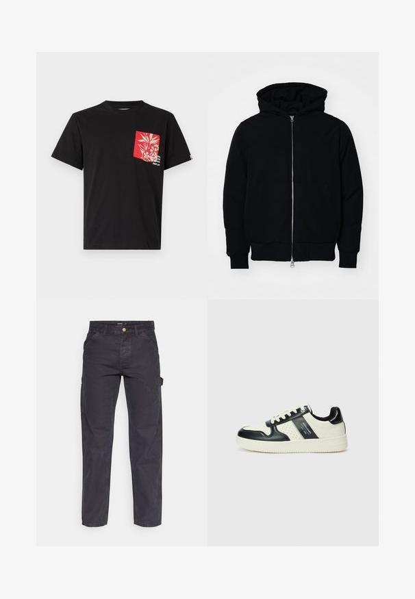 Mustat huppu-untuvatakki, jossa on vetoketju edessä, kenguru-tasku, ribatut hihansuut ja helma, esillä yksinkertaisella valkoisella taustalla.; Mustan puuvillapaitojen, jossa on pyöreä kaula-aukko, ja punainen kukkakirjailtu tasku sekä valkoinen teksti vasemmalla puolella helmaa lähellä.; Tummanharmaat cargo-housut, jotka on valmistettu kestävästä kankaasta. Niissä on suora lahkeellinen leikkaus, viisi taskua ja nappikiinnitys vyötäröllä.; Nahkakengät musta-kerma värimaailmassa, joissa on rei'itetyt yksityiskohdat, pehmustettu nilkkaosa ja teksturoitu pohja.