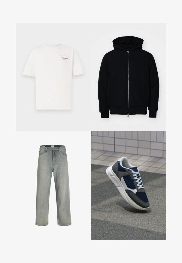 Black hooded jacket with front zipper, kangaroo pocket, ribbed cuffs, and hem, displayed on a plain white background.; White cotton t-shirt with short sleeves and a round neckline. Features "SARDINHAS" text in navy and pink on the left chest area.; Light gray, loose-fitting jeans made of denim. Features a classic five-pocket design, belt loops, and a straight leg silhouette.; Sneaker featuring a navy blue mesh upper, gray suede accents, white rubber sole, and flat white laces, designed for comfort and breathability.