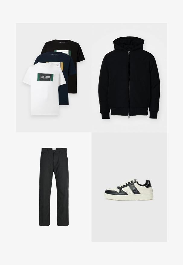 Melna kapucēta jaka ar priekšējo rāvējslēdzēju, kenguru kabatu, ribinātām aprocēm un apakšmalu, parādīta uz vienkārša balta fona.; Trīs T-krekli: balts, tumši zils un melns. Katrs ar taisnstūrveida grafiku, kas satur "Jack & Jones" zīmolu un krāsu akcentus. Izgatavoti no kokvilnas materiāla.; Melnas bikses no izturīga auduma, ar taisna griezuma dizainu, izšūtām akcentiem un divām priekšējām kabatām funkcionālitātei.; Ādas sporta apavi ar melnbaltu krāsu shēmu, ar perforētiem akcentiem, mīkstinātu apkakli un teksturētu zoli.